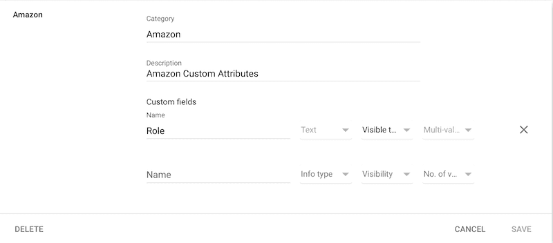 Google Workspace custom attributes configuration showing Amazon Role attribute settings